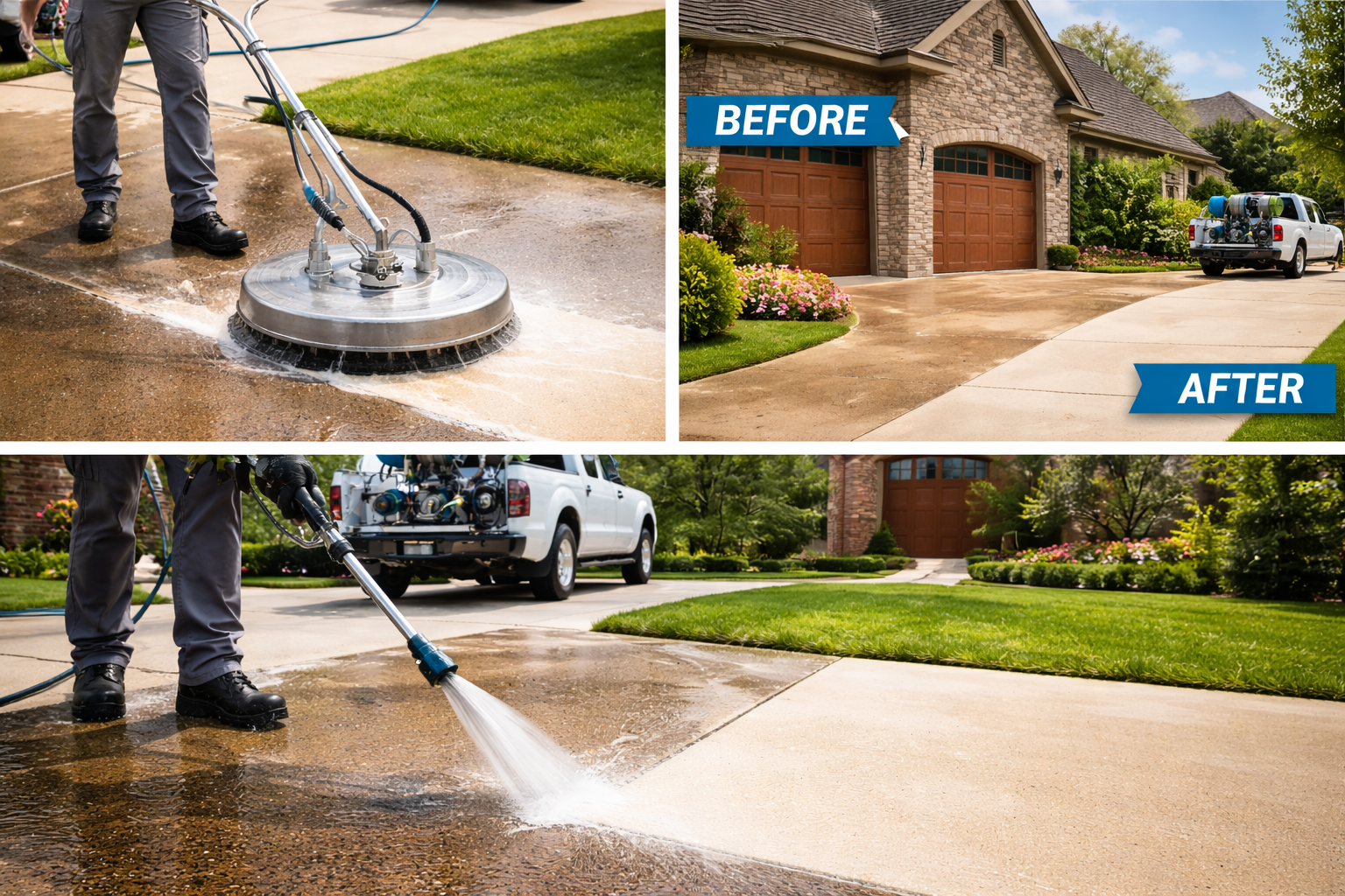 Before and after pressure washing results showing concrete cleaning transformation